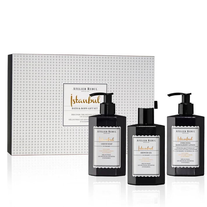 Coffret cadeau atelier Rebul collection Istanbul avec Gel douche, Savon liquide et lotion hydratante main et corps